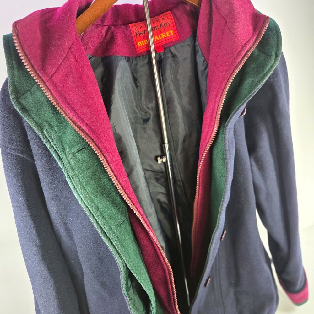 Vintage Herman Kay Bib Jacket Navy Wool Blend Hooded Coat Size 4P